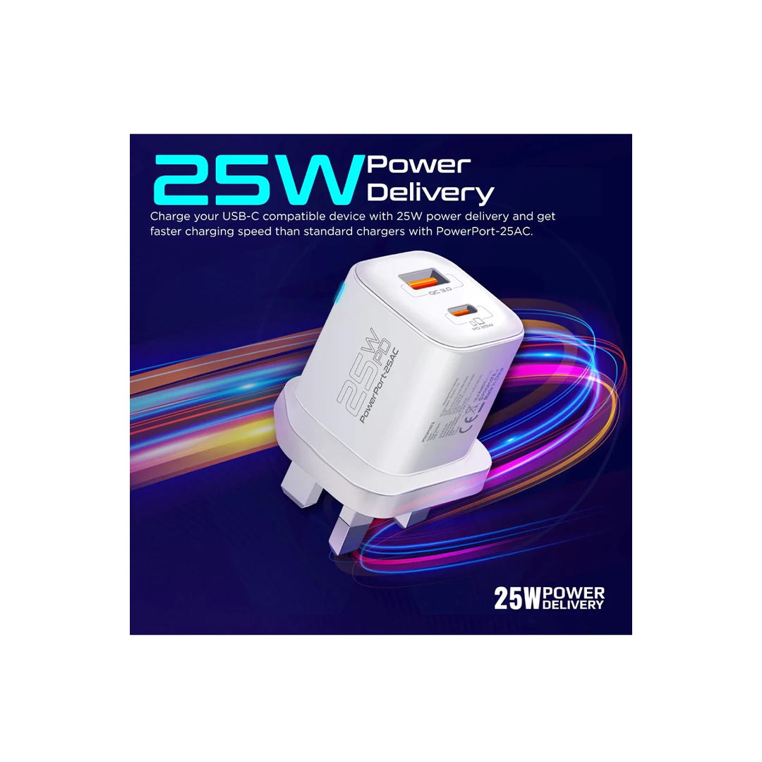Promate PowerPort-25AC Ultra-Fast Dual Port AC Charger with 25W Power Delivery and QC 3.0 - White in Qatar Promate PowerPort-25AC Ultra-Fast Dual Port AC Charger with 25W Power Delivery and QC 3.0 - White in Qatar
